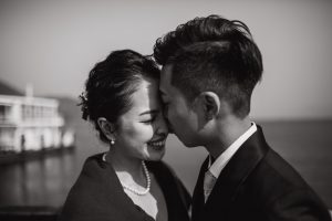 Groom kissing the bride on nose