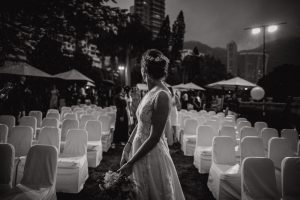 Beautiful bride in white looking back